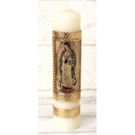 Elegant Our Lady of Guadalupe Holy Pillar Divine Virgen De Guadalupe Vela Cirio Candle Paschal Communion Cirio Pascual 8"×2" Gold-Tone Communion Baptism Batuizo Devotional Favor