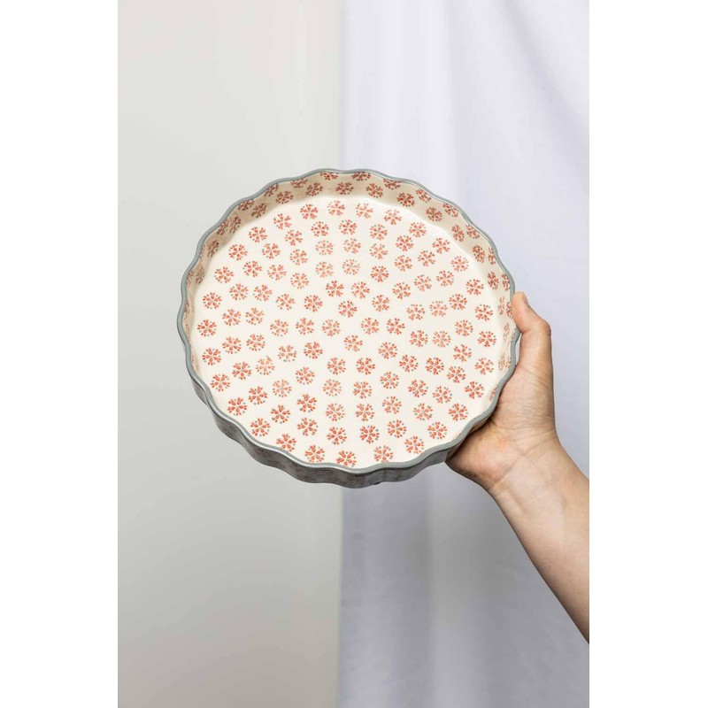 Tranquillo Stoneware Quiche Dish with Hand Stamped Print Grey/Red Retro