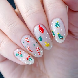 Christmas Press on Nails Medium Almond Shape Cute Star Christmas Tree Fake Nails Winter Acrylic Nails Christmas Cane Stick on Nails Reusable New Year False Nails for Women DIY Nail Supplies 24Pcs