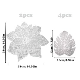 Spldsun Set of 6 Round Place Mats and Coasters, Hollowed Leaves Coasters, PVC Leaf Place Mats, Hollow Table, for Non-Slip, Scratch-Resistant, Decorative Tables (Silver)