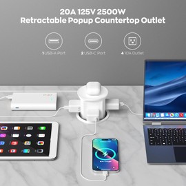 Pop Up Countertop Outlet with 15W Wireless Charger,Pop up Outlet,Max 20W USB Power Delivery,3.9" Space Saver Recessed Outlet,Pop Up Electrical Outlet with 4 Outlets 2 USB Ports for Home Office.