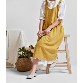 NEWGEM Cotton Linen Cross Back Apron for Women with Pockets for Cooking Cleaning Yellow without Waist Ties