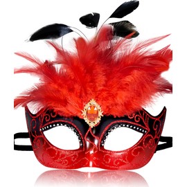 MYSEUNI 2025 Red Masquerade Mask for Women - Venetian Mask Women with Feathers for Masquerade Party, Christmas