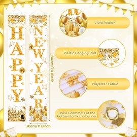 2Pcs Happy New Year Porch Sign Banner, White Gold New Year Porch Door Banner Decorations, Happy New Year Front Door Hanging Banner for New Years Eve Party Supplies 2025 New Year Party Decor