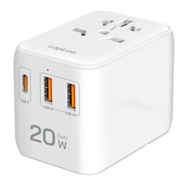 LogiLink PA0356 Universal Travel Power Supply with 10 Plug Types for >200 Countries, 20 W and PD (PowerDelivery) & QuickCharge, 3 x USB Ports, Fireproof
