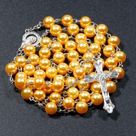 Kuesn 8mm Pearl Rosary Beads Catholic Necklace Glass Beads Necklace with Crucifix Charms Long Rosary Beads Necklace Prayer Beads Catholic Rosary Necklace for Women Gifts (Orange)
