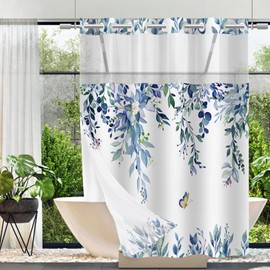 TWLSNCD No Hook Shower Curtain with Snap in Liner Set, Blue Eucalyptus Leaf Butterfly Bath Curtain with Botanical Plant for Bathroom, 71x74 Inches