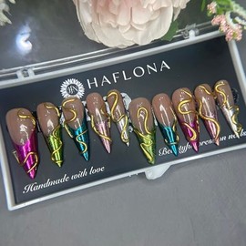 -Press -on -Nail Handmade 3D Gel Flowers with Rhinestones -Fake Nails, False Tip For Women Girls Full Cover Short & Medium Almond Nails, Quick & Easy (Fen Chrome 12#, Size M)