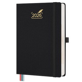 BEZEND Daily Planner 2026 (6" x 8.5") Full Page per Day Even Weekend (Jan-Dec) Monthly Calendar with Tabs, 2 Columns for Dual Schedule with Note, Vegan Leather Hardcover in Black