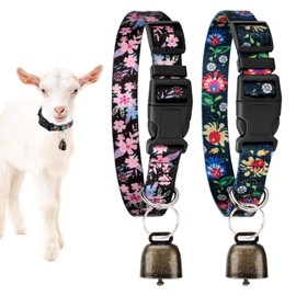 GINDOOR 2 Pack Goat Collars with Bells, Horse Sheep Grazing Copper Bells and Adjustable Nylon Collar Set Pet Anti-Lost Loud Bronze Bell for Small Farm Animal Sheep Goat Cow Accessories(Black Printed)