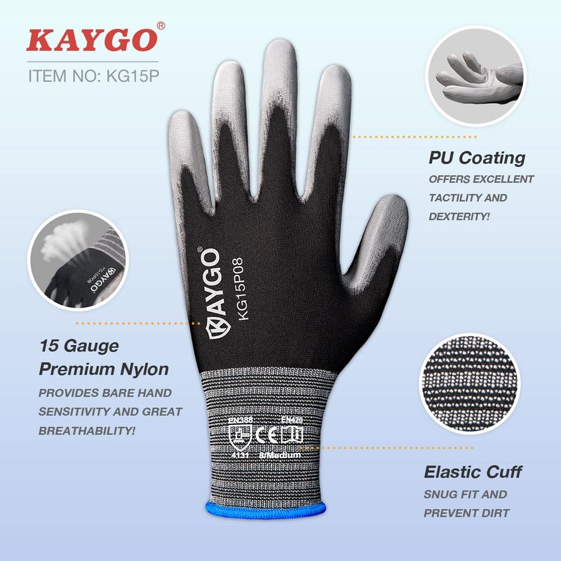 KAYGO Thin Work Gloves PU Coated 12 Pairs, KG15P, Nylon