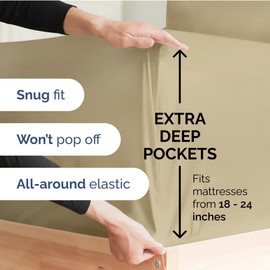 Extra Deep Queen Fitted Sheet - Hotel Luxury Single Fitted Sheet Only - Easily Fits 18 inch to 24 inch Mattress - Ultra Soft, Wrinkle Free w/Extra Deep Pockets - Easy-Care, Breathable & Comfy - Beige