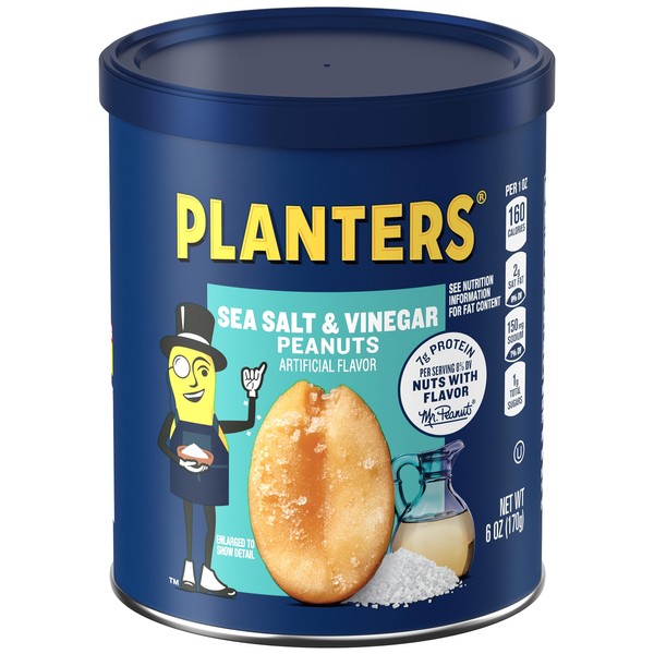 PLANTERS Sea Salt & Vinegar Peanuts (8 ct Pack, 6 oz Canisters)