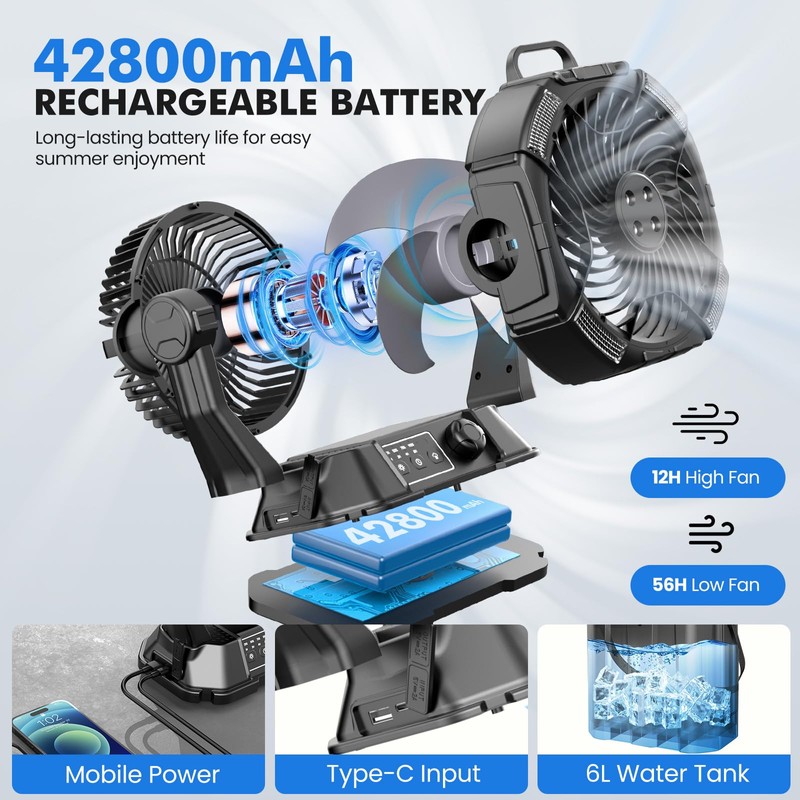 Misting Fan Portable 42800mAh Rechargeable with Remote Control, Camping Fan