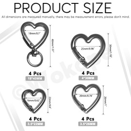 Woakpe 16 Pieces Key Chain Assortment Kit, 0.62 Inch 0.78 Inch 0.78 Inch 1 Inch (ID) Heart Shaped Key Ring Clip Trigger Spring Carabiner Creative Key Ring Heart Shape Metal Snap Hook Set