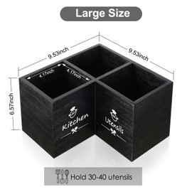 Wooden Kitchen Utensils Holder with 3 Compartments, Large Wooden Large Utensil Caddy Organizer for Counter, Utensil Organizer for Kitchen Countertop, Cooking Utensil Crock for Silverware Spoon Spatula