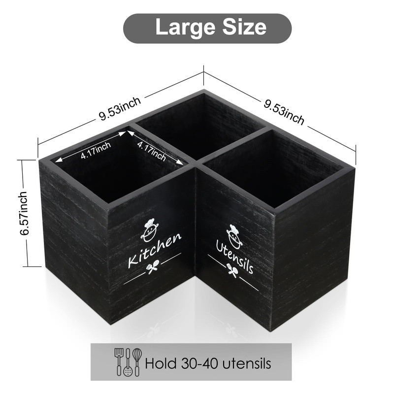 Wooden Kitchen Utensils Holder with 3 Compartments, Large Wooden Large