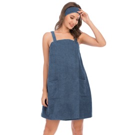 Veseacky Women Terry Spa/Bath Wrap Lightweight Adjustable Closure Spa Towel and Dry Fast (M,Blue-Gray)