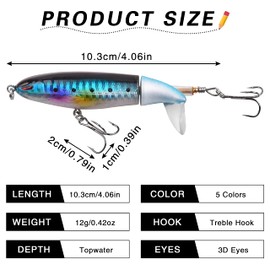 Topwater Fishing Lures Plopping Minnow Lure, 5Pcs Bass Lures Kit with Floating Rotating Tail for Bass Trout Perch Pike Walleye Panfish