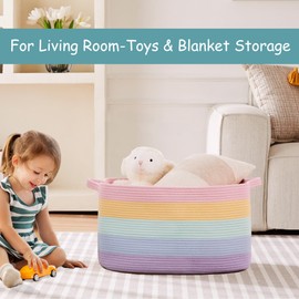 MOJOSCEND Extra Large Storage Basket for Girls Kids 22"x16"x12" Rainbow Toy Box Blanket Basket for Living Room Woven Storage Box for Cloth 70L Cotton Rope Laundry Hamper