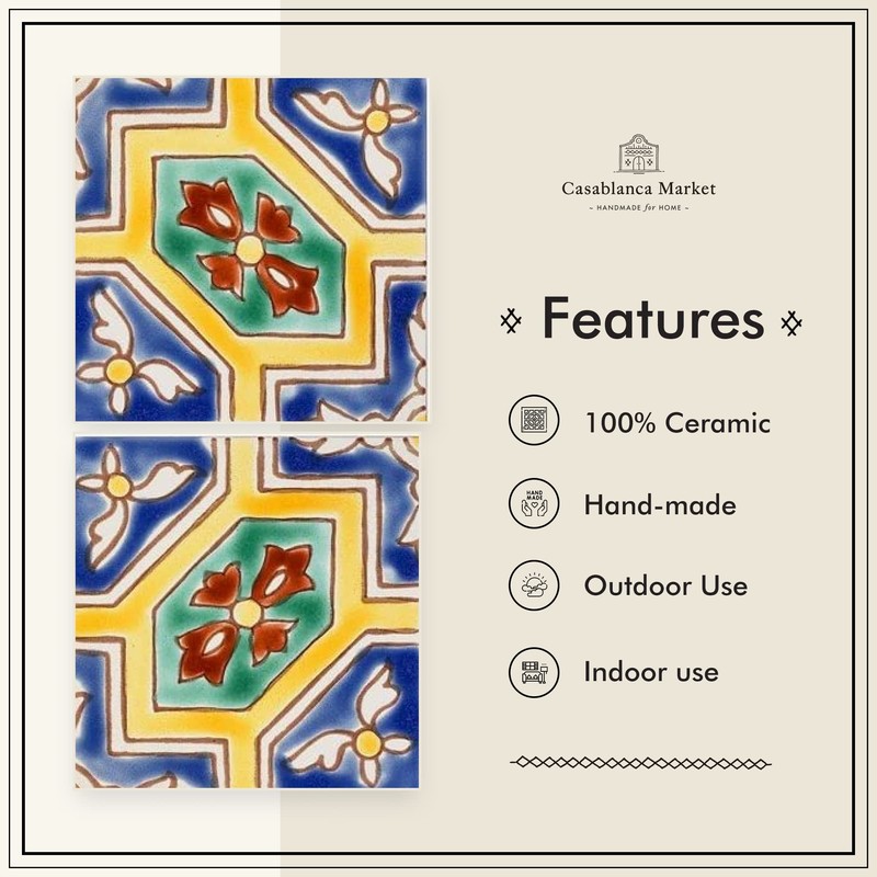 Casablanca Market MT032 Mediterranean Ceramic Malta Decorative Tile, Blue/Yellow
