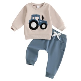 Toddler Baby Boy Spring Outfits Tractor Embroidery Long Sleeve Sweatshirt with Solid Long Pants witn Pockets Farm Sweatsuit Clothing Sets (Blue, 18-24 Months)