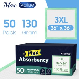Fygrip 50 Count Hospital Grade 130 Gram 36” x 36” Max Absorbency Disposable Underpads, Leakproof Quick Drying XXXL Bed Pads Disposable for Adults, Kids, Pets Incontinence Pads, Pee Pads