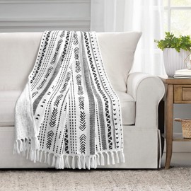 Lush Decor Hygge Stripe Cotton Slub Tassel Fringe Throw Blanet, 60" x 50", Black & White