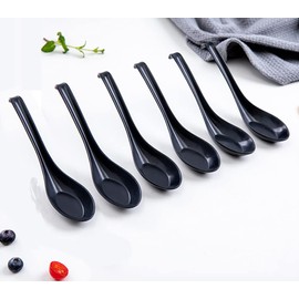 WADY 6Pcs Asian Melamine Soup Spoons, Chinese/Japanese Kitchen Soup Spoons with Long Handle (Black)