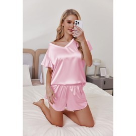 Ekouaer Women Satin Pajamas Set Ruffle Sleeves Silk Pj Set Soft V Neck Sleepwear Loungewear,Large,Pink