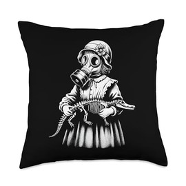 Creepy Girl Wearing Gas Mask Holding a Crocodile Skeleton Throw Pillow
