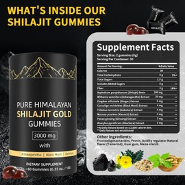 Shilajit Gummies, Pure Himalayan Shilajit Gummies Gold, No Added Sugar Non-GMO 100% Natural & Organic, Ashwagandha, Gokshura| Fulvic Acid & 85+ Trace Minerals for Men, Women | 60 Gummy