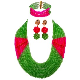 aczuv 8 Lines Statement Strand Necklaces Nigerian Wedding African Beads Jewelry Set Crystal Bridal Jewelry Sets (Light Green Fuchsia Pink)