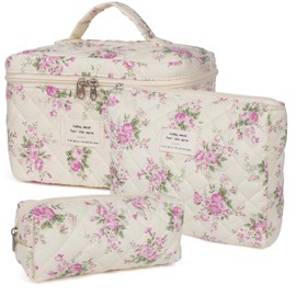 honitty Bolsa de maquillaje, bolsa de maquillaje acolchada, bolsa de cosméticos floral grande para mujer, juego de bolsas de maquillaje de algodón, bolsa de aseo de viaje de flores., Rosado, 3 piezas
