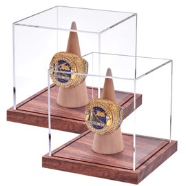 2 Pack Championship Ring Display Case, No Assembly Required Clear Acrylic Single Ring Holder with Wooden Stand Base for Sports Baseball Fan UV Protection