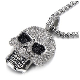 COOLSTEELANDBEYOND Steel Large Sugar Skull Pendant Necklace for Men Women with Cubic Zirconia and 30 inches Wheat Chain(CA)