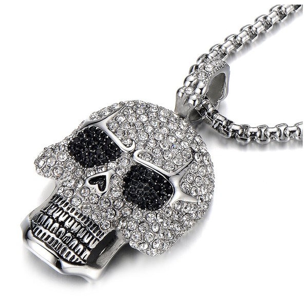 COOLSTEELANDBEYOND Steel Large Sugar Skull Pendant Necklace for Men Women