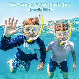 ZipAura Goggles for Kids 3-14, Snorkeling Gear for Kids, Anti-Fog 180° Clear View, Snorkeling Mask and Dry Top Snorkel Combo Set, Swimming Goggles with Nose Cover (Yellow)