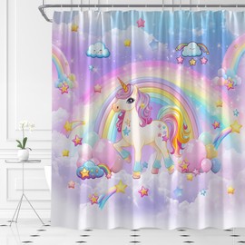 HWSSHW Rainbow Unicorn Shower Curtain Pink Fantasy Animal Kids Girls Birthday Party Cartoon Colorful Fabric Bathroom Curtain Set with Hooks