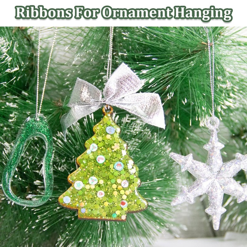 100Pcs Christmas Tree Ornament Hanger String Silver Ribbon with Snap