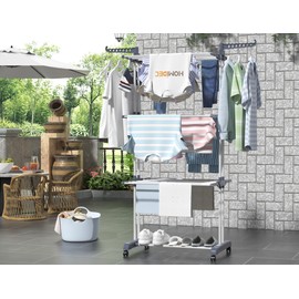 HOMIDEC Clothes Drying Rack, Oversized 4-Tier(67.7" High) Foldable Stainless Steel Drying Rack Clothing, Movable Drying Rack with 4 castors, 24 Drying Poles and 14 Hooks for Bed Linen, Clothing, Grey