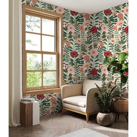 HAOKHOME Floral Peel and Stick Wallpaper Boho Wall Paper Removable for Bedroom Beige/Pink/Red Contact Paper 17.3in x 32.8ft