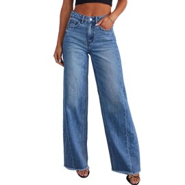 PRETTYGARDEN Wide Leg Jeans for Women Trendy 2025 High Waisted Stretchy Baggy Raw Hem Denim Palazzo Pants with Pockets (Dark Blue,6)
