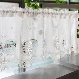 Vordesack Net Curtain with Cotton Embroidery Flowers and Lace Edge Country House Style Bistro Curtain with Rod Pull 1 Piece White H x W 40 x 120 cm