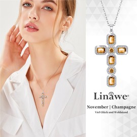 Linawe Cross Chain Cross Necklace Women's Simulated Diamond Birthstone Crystal Necklace Pendant, Fashion Jewellery Available in Gold, Silver and Rose Gold, Copper Cubic Zirconia Gold, Created Topaz