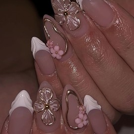 BABALAL Press on Nails Almond Medium Fake Nails White French Tip Glue on Nails 3d Gold Chrome Flower Acrylic Nails Handmade Diy False Nails 24Pcs Stiletto Full Cover Stick on Nails for Women Girls