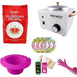Waxness Russian Pearl Stripless Waxing Kit with 2.2 LB Wax Bag, Heater WN-5001L Luxury Edition - Holds 16 Oz and Pink Non-Stick Silicone Bowl