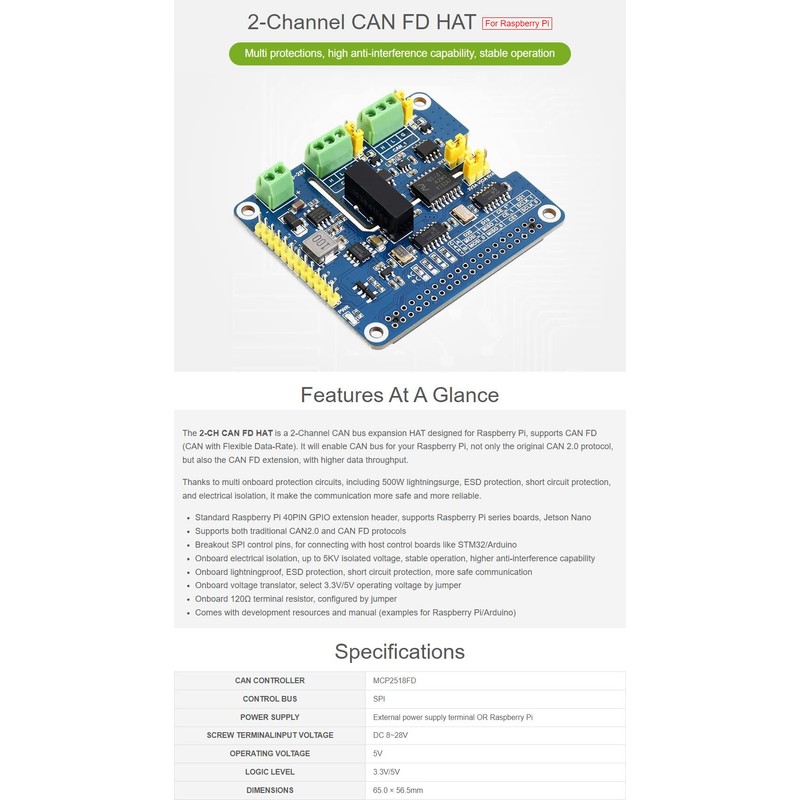 Waveshare 2-Channel Isolated CAN FD Expansion HAT for Raspberry Pi