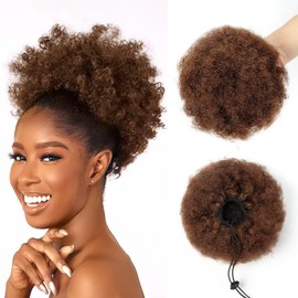 SPIKFN Afro Puff Clip On Human hair Drawstring Ponytail for Black Women,Short Afro Kinkys Curly Afro Bun Extension Hairpiece Ponytail Extension 8 Inch #4 Medium Brown 60g