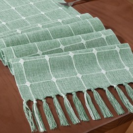 MLMC Rustic Embroidered Lattice Table Runner 36 Inches Emerald Green Plaid Farmhouse Table Runner Checkered Runner with Tassels 13"x 36" for Cupboard Dinning Coffee Table Decor